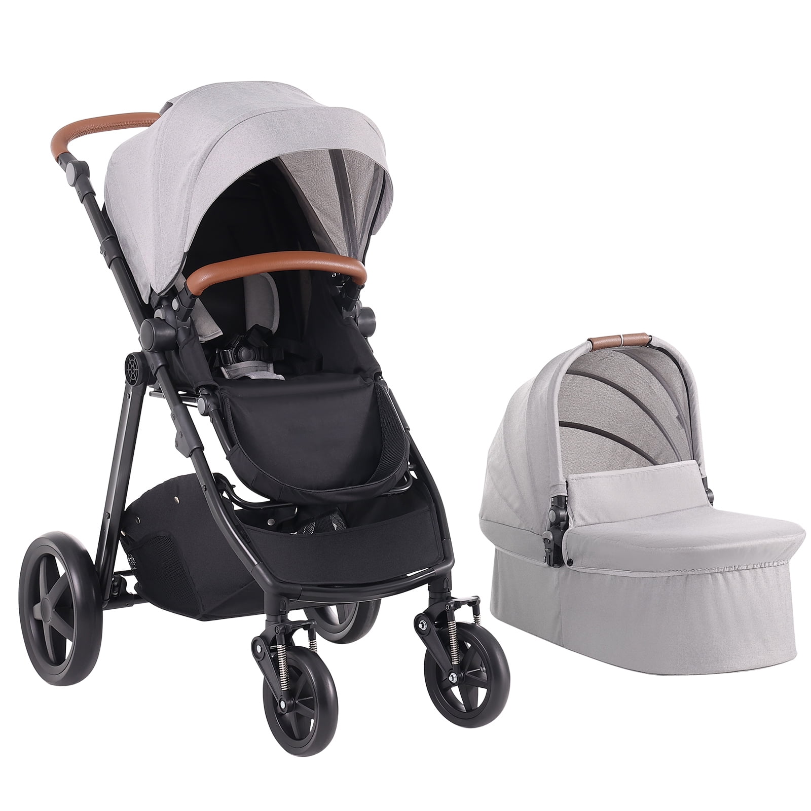 KFFKFF Journey Ensemble: 2-in-1 Infant Bassinet & Stroller, Reversible Seating, Simple One-Click Fold, Durable EVA Wheels with Safe Braking System, Aluminum Frame - Baby Travel Set in Light Gray