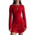 thumbnail image 3 of Women'S Long Sleeve Mini Dress Boat Neck Ruffle Bodycon Mini Flowy Cocktail Party Dresses Red S, 3 of 9