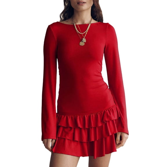 Women'S Long Sleeve Mini Dress Boat Neck Ruffle Bodycon Mini Flowy Cocktail Party Dresses Red L