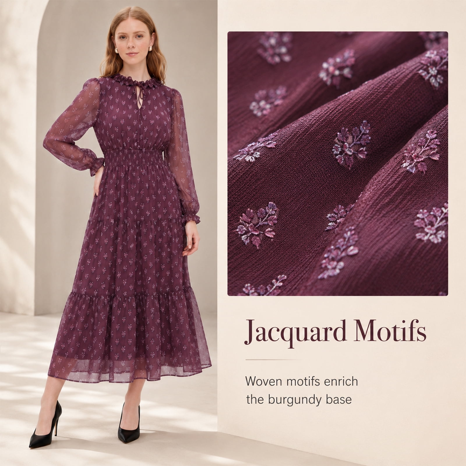 Alvantor Women's Midi Dress, Long Sleeve Ruffle Tie Neck Smocked Waist Tiered Jacquard, Burgundy Multi