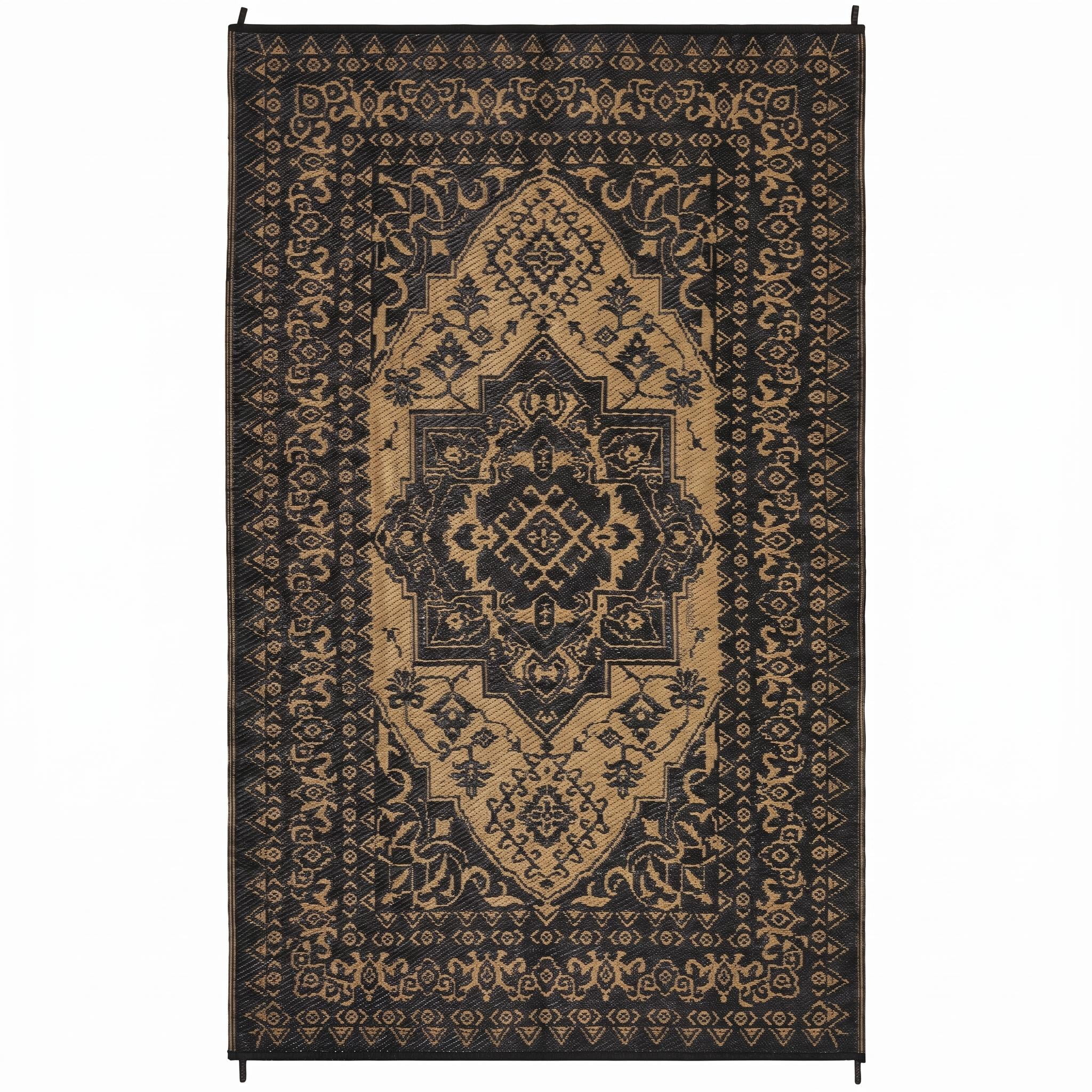 Nanan 9×18 Outdoor Persian Plastic Rug, Weather Resistant Reversible Patio Rug, Non-Slip Waterproof Outdoor Carpet for Patio, Deck, Balcony, Poolside, Camping, Black