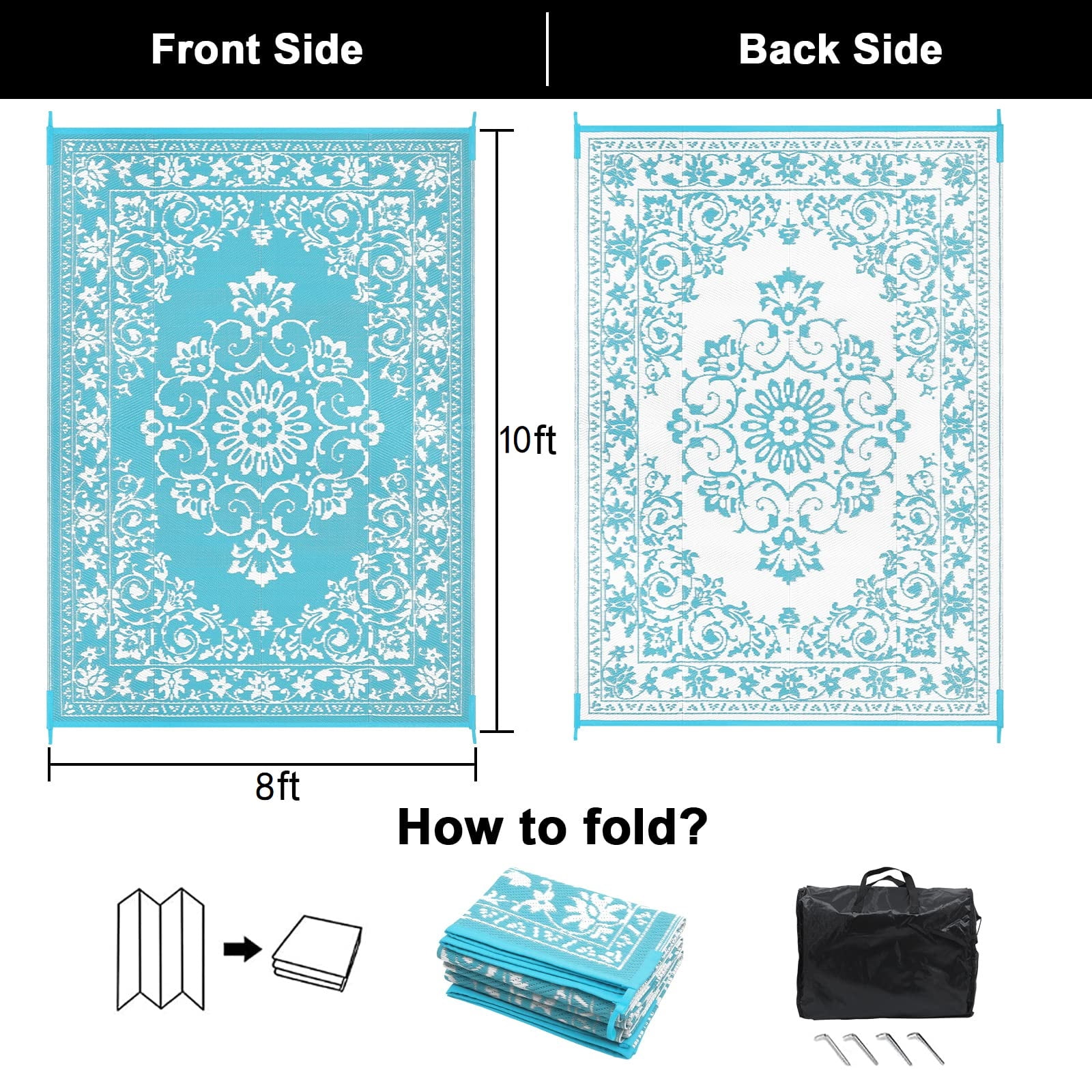 Findosom 8'x10' Boho Mandala Outdoor Rug Patio Rug Large Reversible Plastic Straw Rug RV Outdoor Mat Waterproof Foldable Portable Camping Mat for RV,Patio,Backyard,Deck,Picnic,Beach Teal