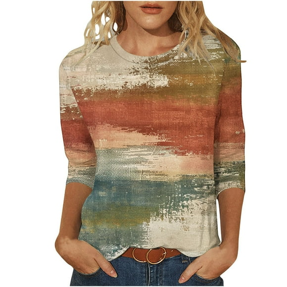 HKEJIAOI T-Shirts à Manches 3/4 pour Femmes à Imprimé Floral, Col Rond, Coupe Ample, T-Shirts Décontractés Mode, Chandails à Enfiler, Kaki-A S