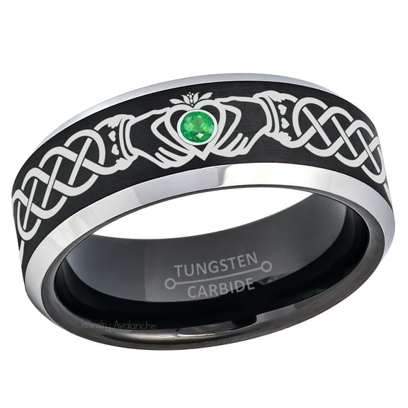 Claddagh Tungsten Ring - 2-Tone Mens Beveled Tungsten Carbide Wedding Band - 0.07ct Emerald Tungsten Ring - Personalized Tungsten Wedding Ring - Custom Made May Birthstone Ring TN667CLDs7