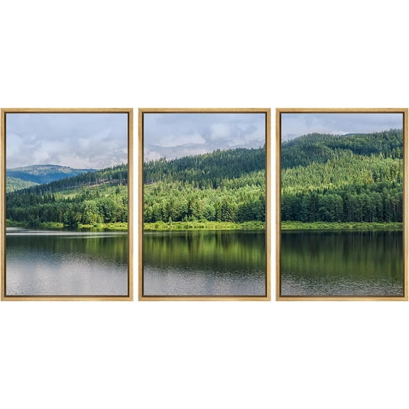 PixonSign Framed Canvas Print Wall Art Set Emerald Green Mountain Range Country Farmhouse Mountain Range Landscape Nature Wilderness Modern Decorative Calm/Relax/Cozy - 16"x24"x3 Natural