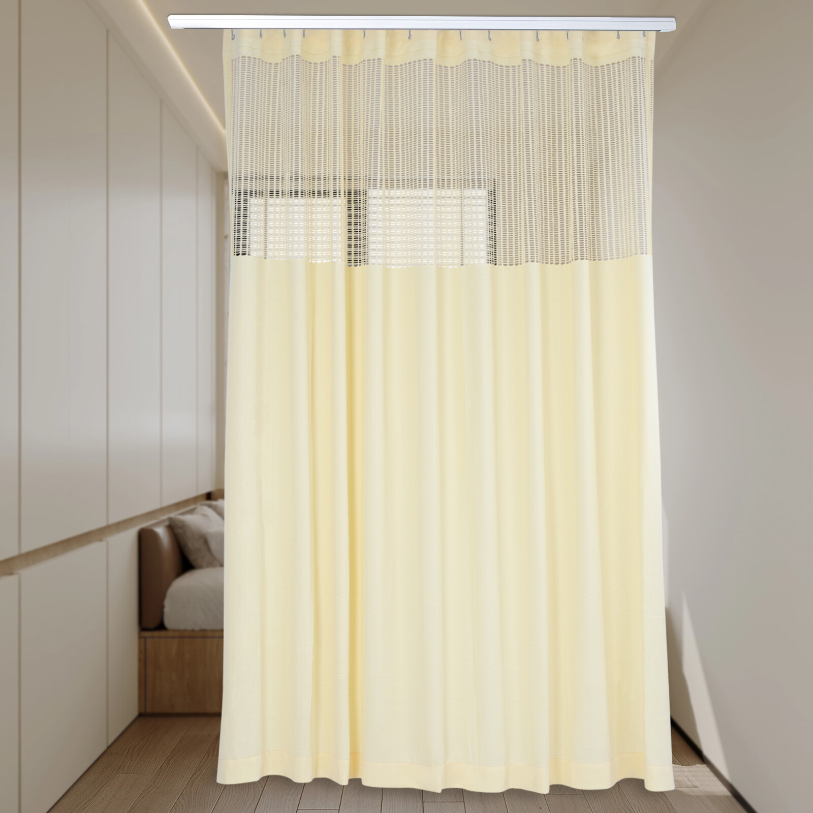Semi-shading Room Divider Curtain Privacy Cubicle Curtain Beige Polyester Room Divider Curtain with Mesh Top