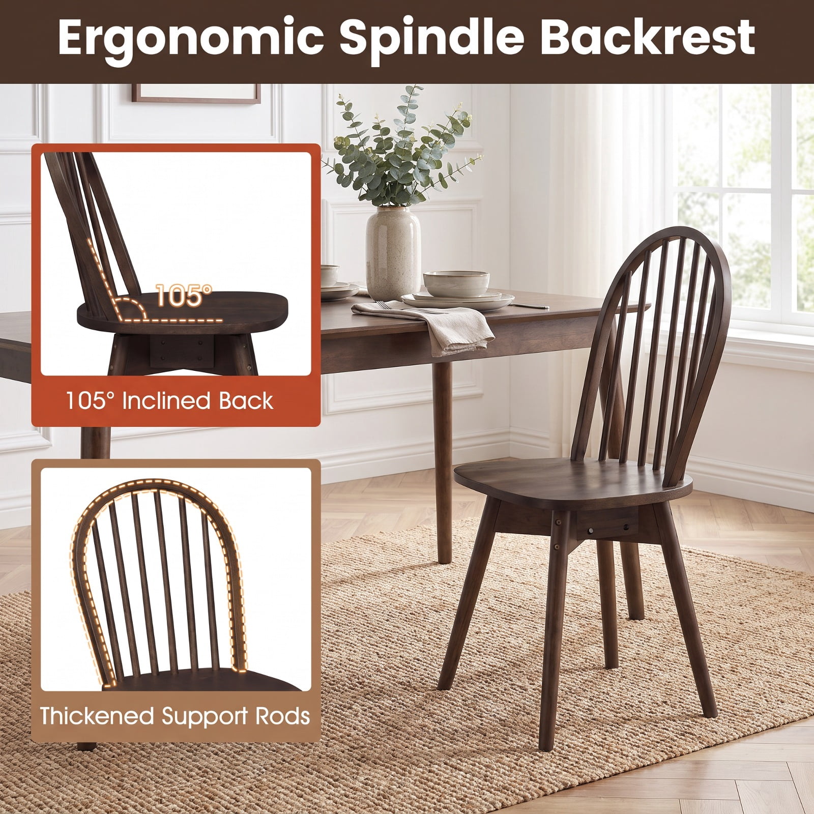Furnibear Swivel Windsor Dining Chairs Set of 2 with Solid Rubber Wood Frame for Kitchen Dining Room Living Room Home, Walnut