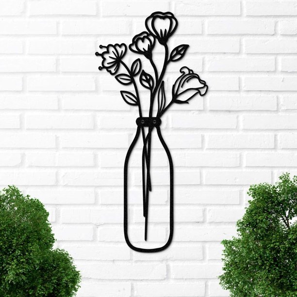 Arte de pared de metal, Qmetalart Flor en jarrón Decoraciones de pared para sala de estar, cocina, dormitorio, baño, decoración de pared para el hogar, regalo de inauguración de la casa
