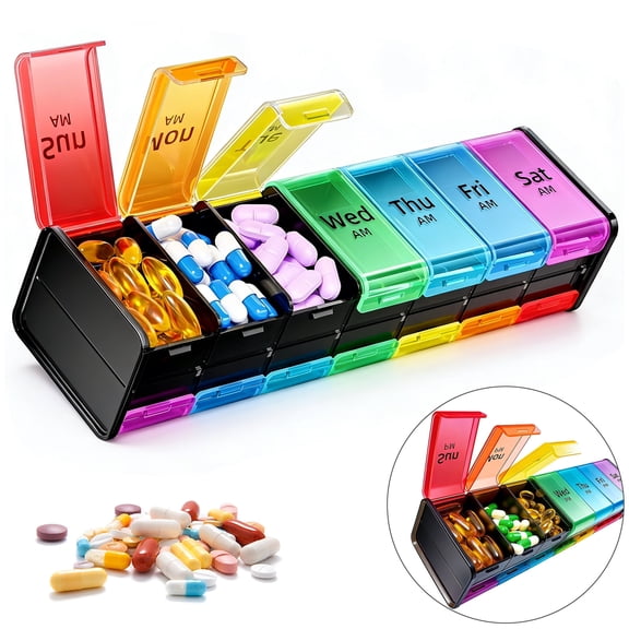 Oazouf Extra Large Weekly Pill Organizer 2 Times a Day, BPA Free XXL Pill Box 7 Day with 14 Compartments for Pills, Fish Oils, Vitamins, Supplements, Rainbow
