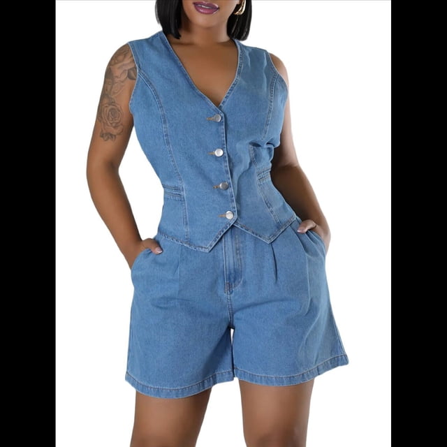 Conjunto de Mezclilla para Mujer: Chaleco Vaquero con Botones y Shorts Vaqueros de Cintura Alta. Trajes para Salir. Azul L