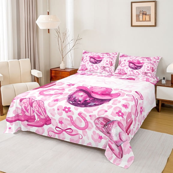 jejeloiu Pink Disco Cowgirl Full Size Sheets Kids,Girly Western Pattern Bed Sheets,4 Pieces