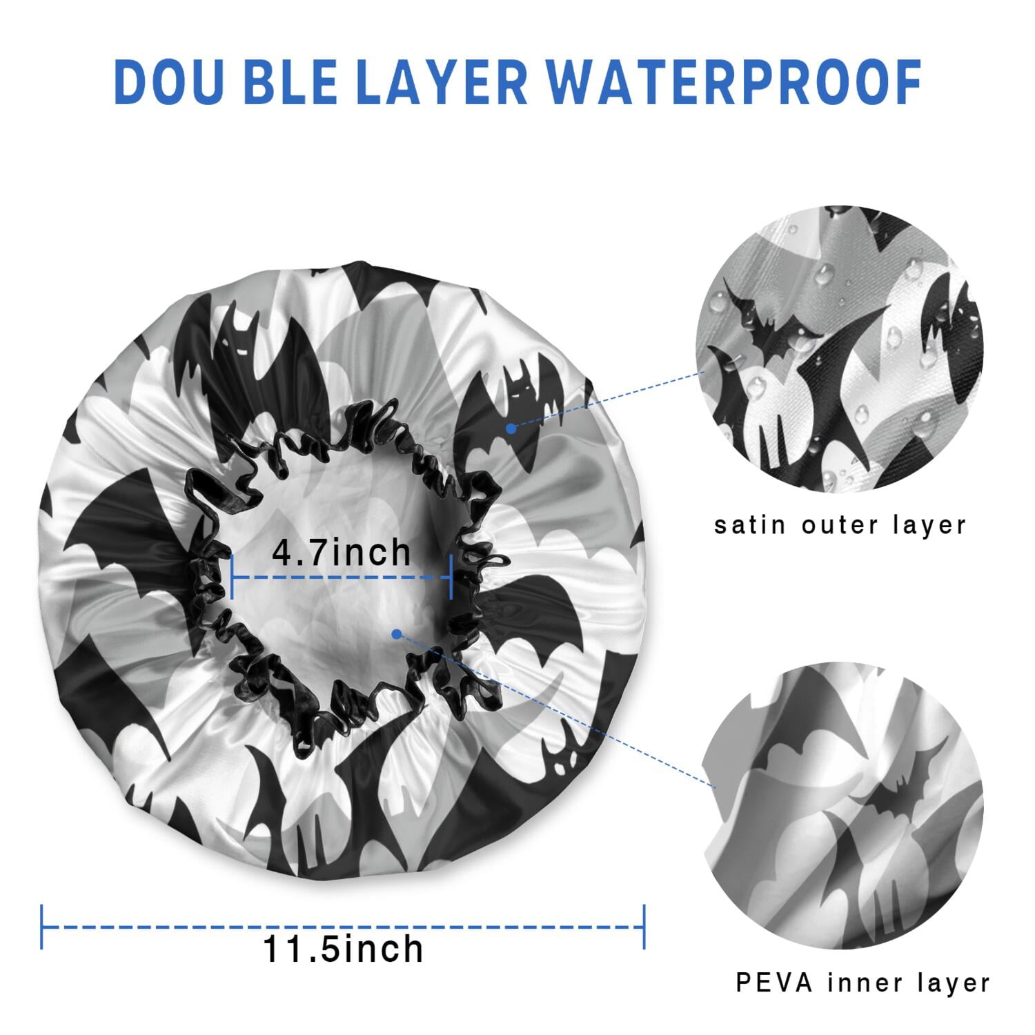 Shower Caps,Black and Gray Halloween Bats Waterproof Shower Cap for Women 4 Pieces,Double Reusable Hair Cover for Shower PEVA Elastic Stretch Hem
