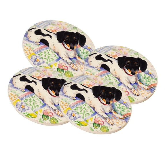 KuzmarK Sandstone Drink Coaster (set of 4) - Tricolor Miniature Dachshund Art by Denise Every