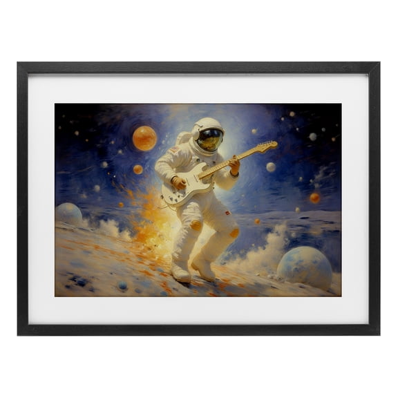 Space Astronaut Musician Black Framed Print Under Glass, design by Angie Hawke