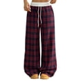 thumbnail image 2 of FRSASU Women's Plaid Checkered Pants Drawstring Lounge Wide Leg Baggy Sweatpants Elastic Waist Pant with Pockets Red, 2 of 5