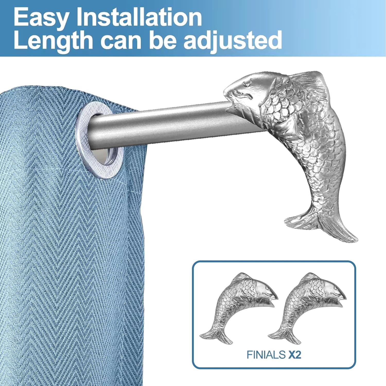 Urbanest Adjustable Single Curtain Rod Set Fish Finials – 3/4 - Inch Diameter, With Pewter Rod, 28–48 Inches