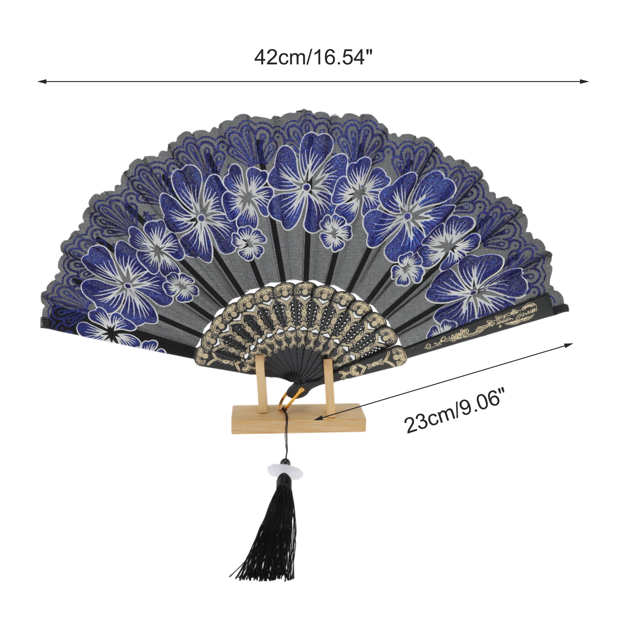 Unique Bargains Rose Lace with Tassel Folding Fan for Weddings and Parties 1 Pc Blue