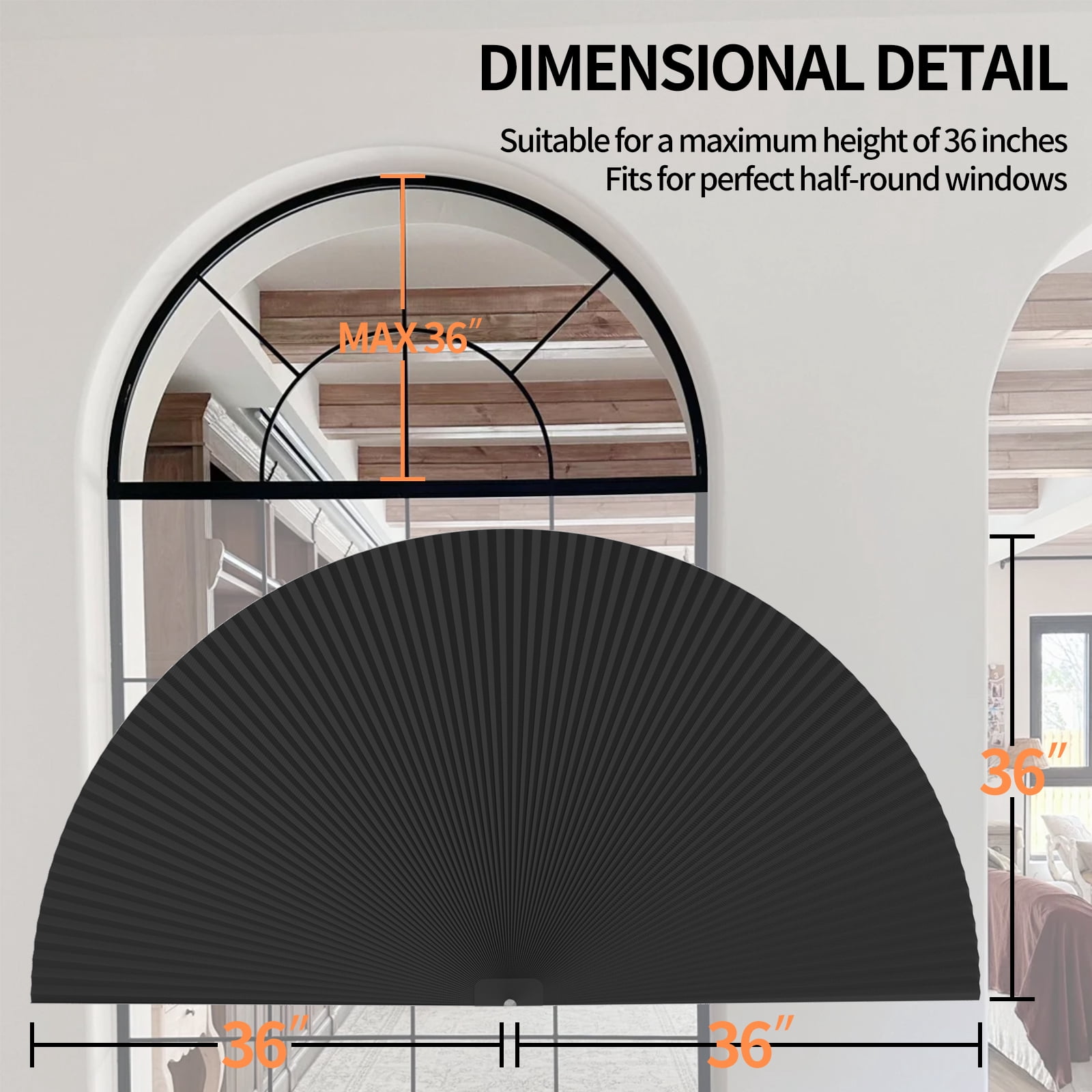 MYshade No Tools Window Shades Tie-Up Blackout Cellular Arch Window Shades, Black 36"W x 72"H