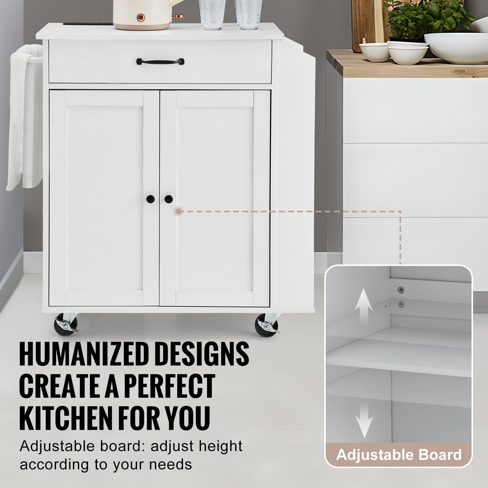 Kitchen Island Cart on Wheels with 2 Drawers, 1 Shelf & Built-in Charging Station, Mobile Rolling Storage Cabinet for Kitchen, Dining Room, Countertop Extension, Butcher Block Top, Easy Assembly