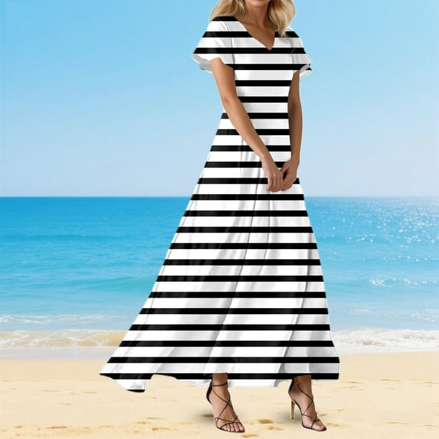 WILLBEST Vestido Largo De Mujer Con Cuello En V, Manga Corta, Cintura Alta, Estilo Bohemio, Para Verano, Vacaciones, Playa, Fluido