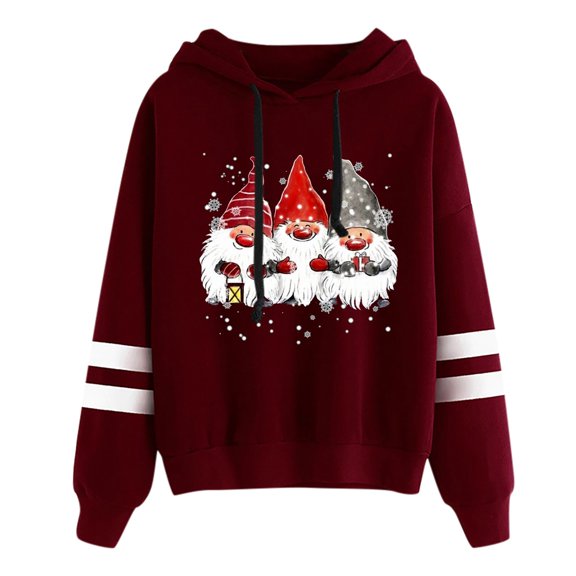 Puliio Christmas Cartoon Watercolor Print Striped Sleeve Hoodies for Women Festive Long Sleeve Pullover Hooded Sweatshirts