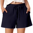 thumbnail image 2 of Ovticza Women's Cotton Linen Shorts Casual Flowy High Waisted Comfy Summer Elastic Drawstring Boho Dressy Pockets Navy L, 2 of 5