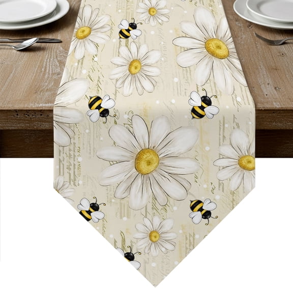 White Daisy Farmhouse Table Runner Linen Burlap Table Runner 70 Inches Long Garden Floral Honeybees Vintage Dresser Scarves for Kitchen Island Coffee Dining Room Party Wedding Holiday Decor 13"x70"