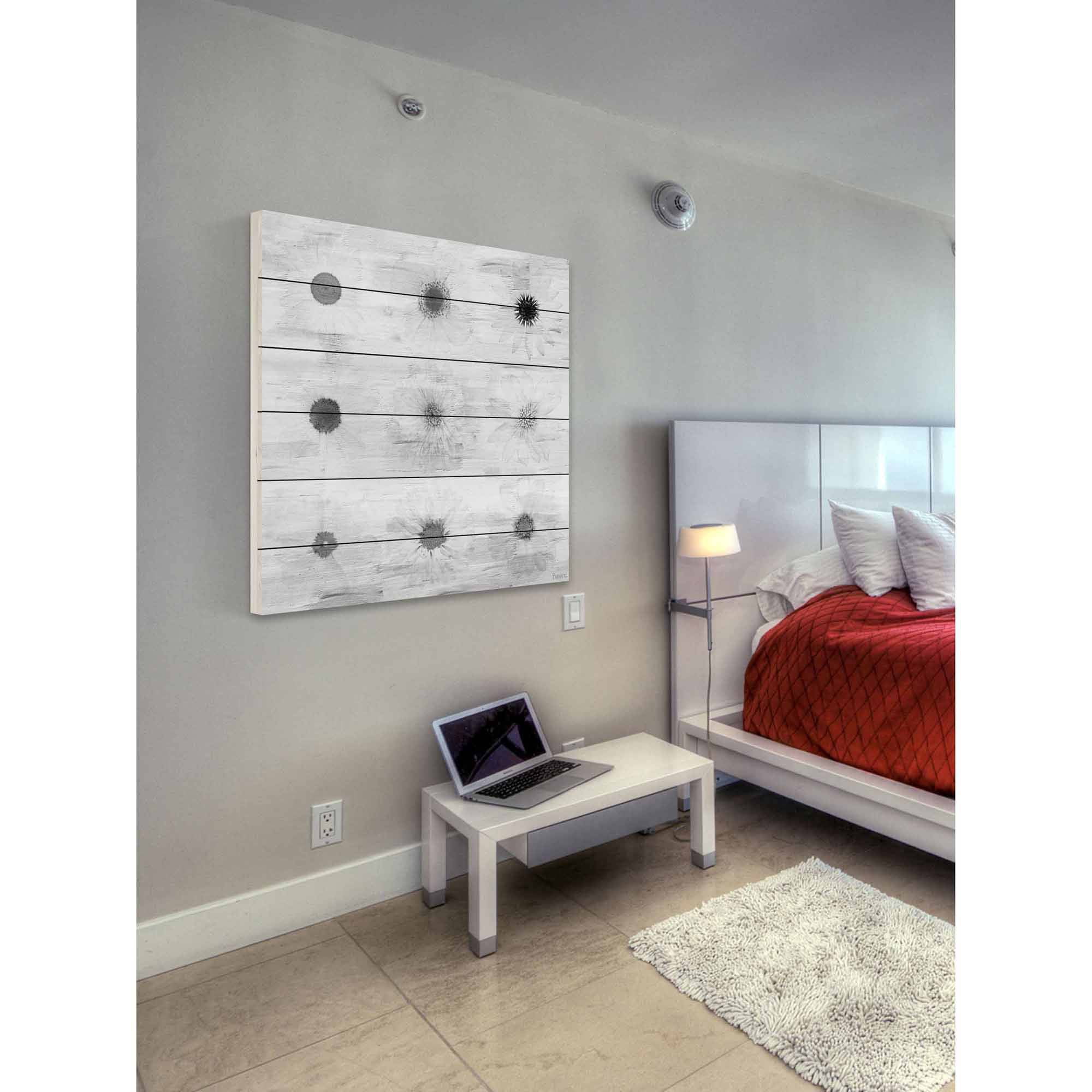 Parvez Taj Grey Flowers Art Print on White Pine Wood