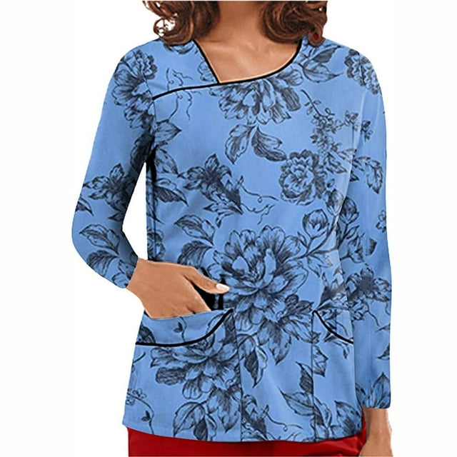 PVCS T-Shirts à Col en V pour Femmes, Uniforme de Travail, T-Shirt Imprimé, Blouse à Manches Longues avec Poches