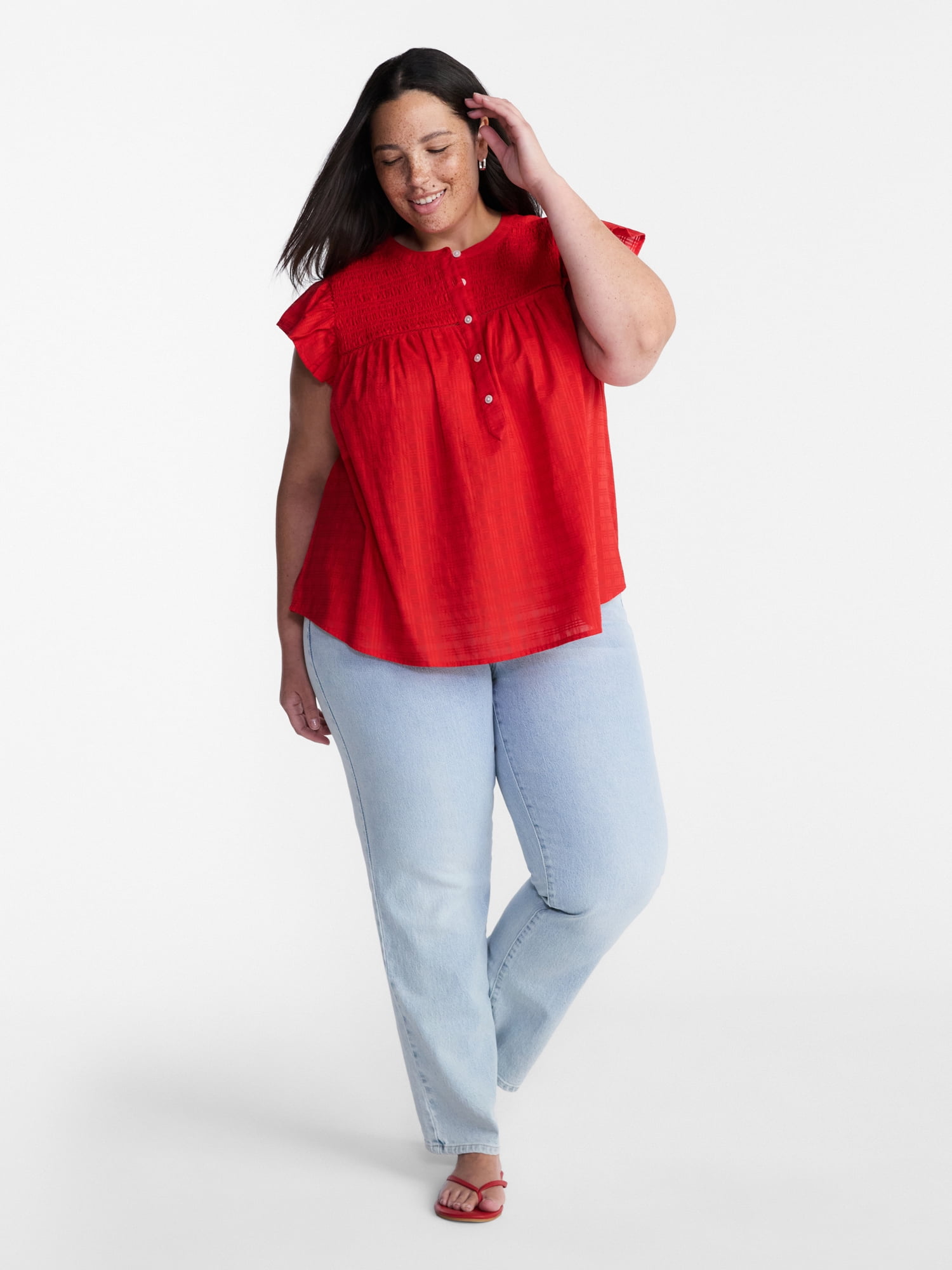 Terra & Sky Women’s Smocked Yoke Blouse with Flutter Sleeves, Sizes 0X-5X