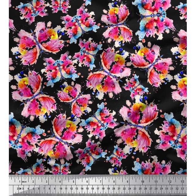 Soimoi Black Poly Georgette Fabric Insect Watercolor Print Sewing Fabric BTY 42 Inch Wide