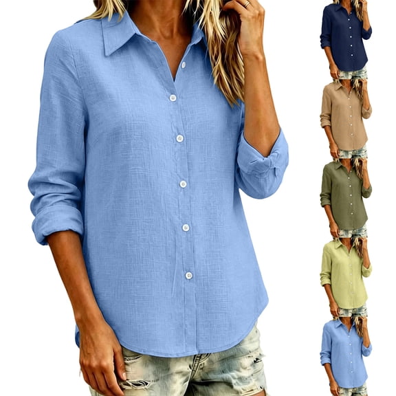 AKOEE Cotton Button Down Shirts for Women Long Sleeve Dressy Casual Lapel Blouses Plus Size Curved Hem Fall Tops (2XL, Light Blue)