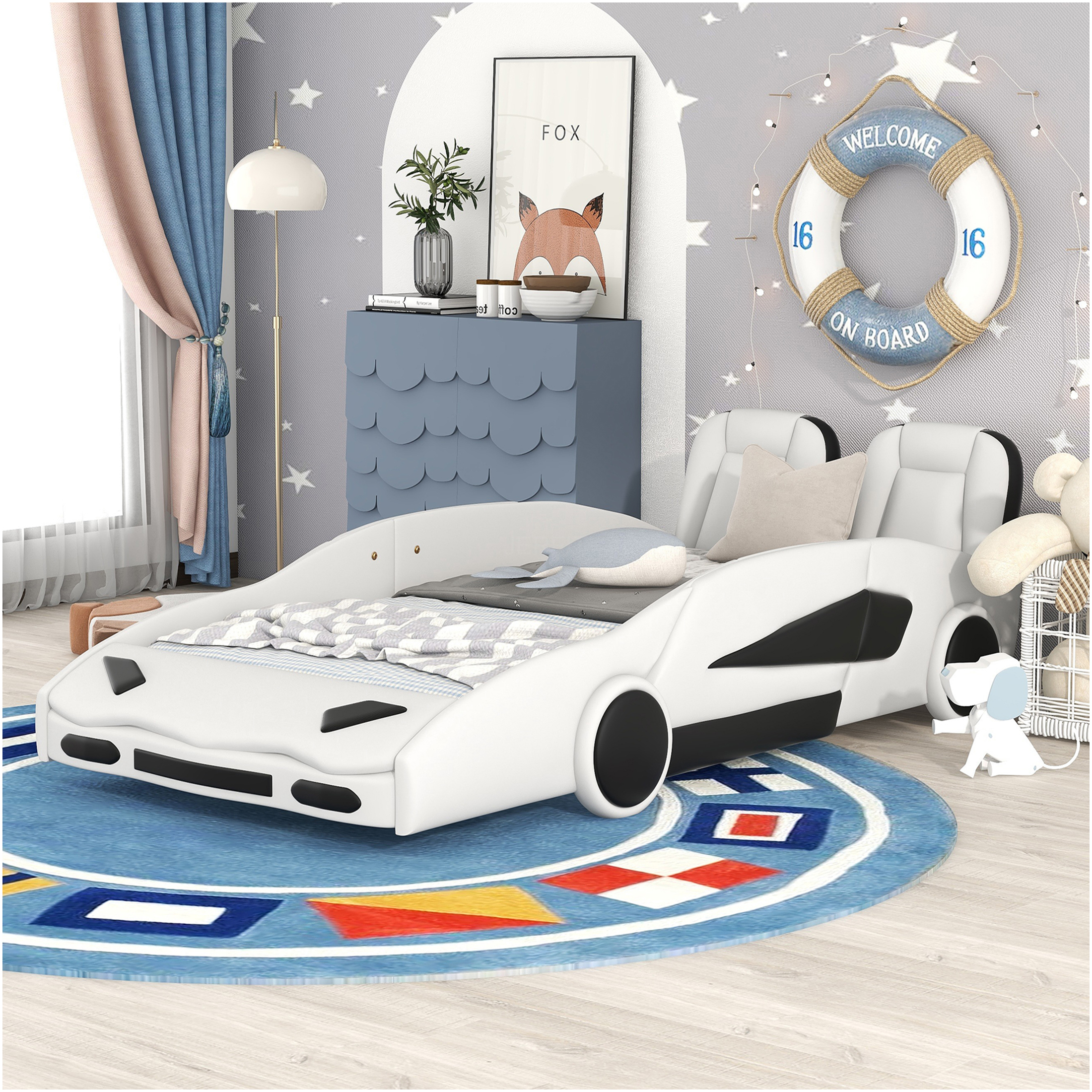 JERFIT Twin Size Race Car Bed Frame with Wheels, White PU Leather Platform Bed with Safety Guardrails Wood Slats Support, No Box Spring Needed