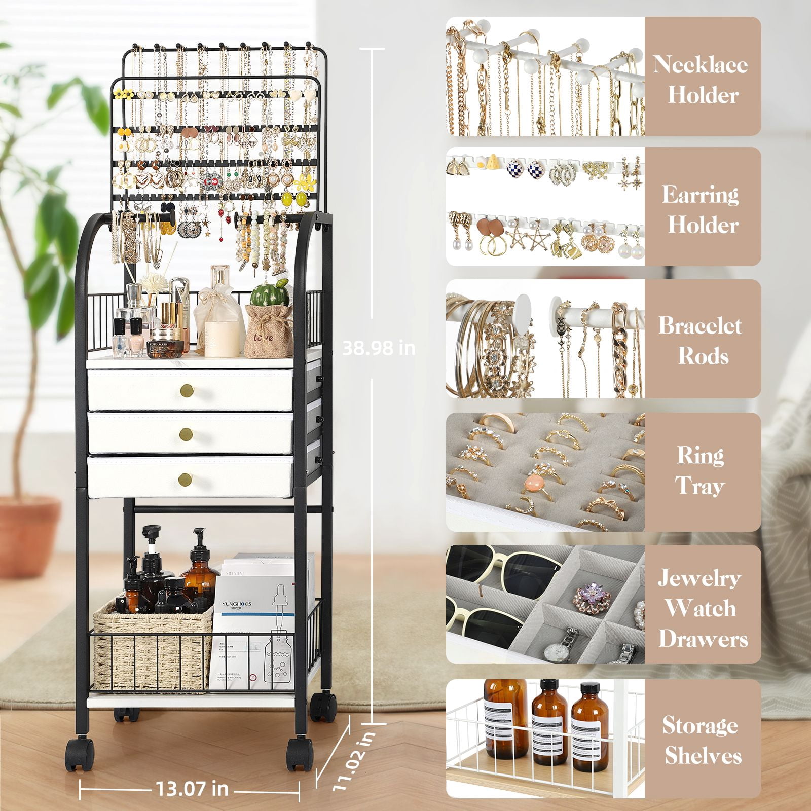 Olakee Large Jewelry Organizer Stand with 3 Drawers — for Necklace, Earring, Ring, Bracelet, Girls & Women, Modern, Black