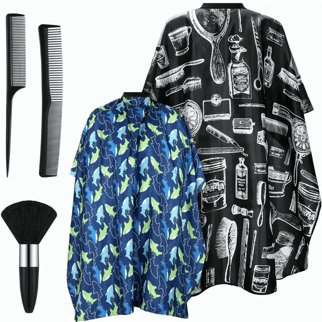 Capa Barberia Barbero Estilista Cubridor Cabello Corte 5 Pcs, NEGRO/AZUL