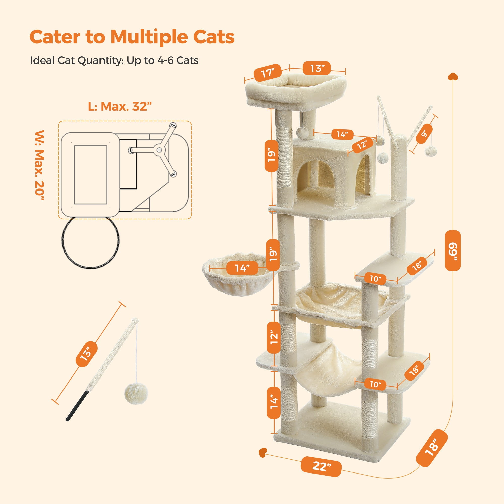 Kadyn 69" Cat Tree Tower for Indoor Large Cats, Fat Cats with Big Hammock, Cat Climbing Tree with Scratching Posts, Condo House and Top Perch, Beige