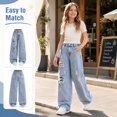 thumbnail image 2 of JIAYUE Girls Denim Pant Ripped Design Button Fly High Waist Baggy Wide Leg Jeans for Travel Soft Wear, 2 of 9