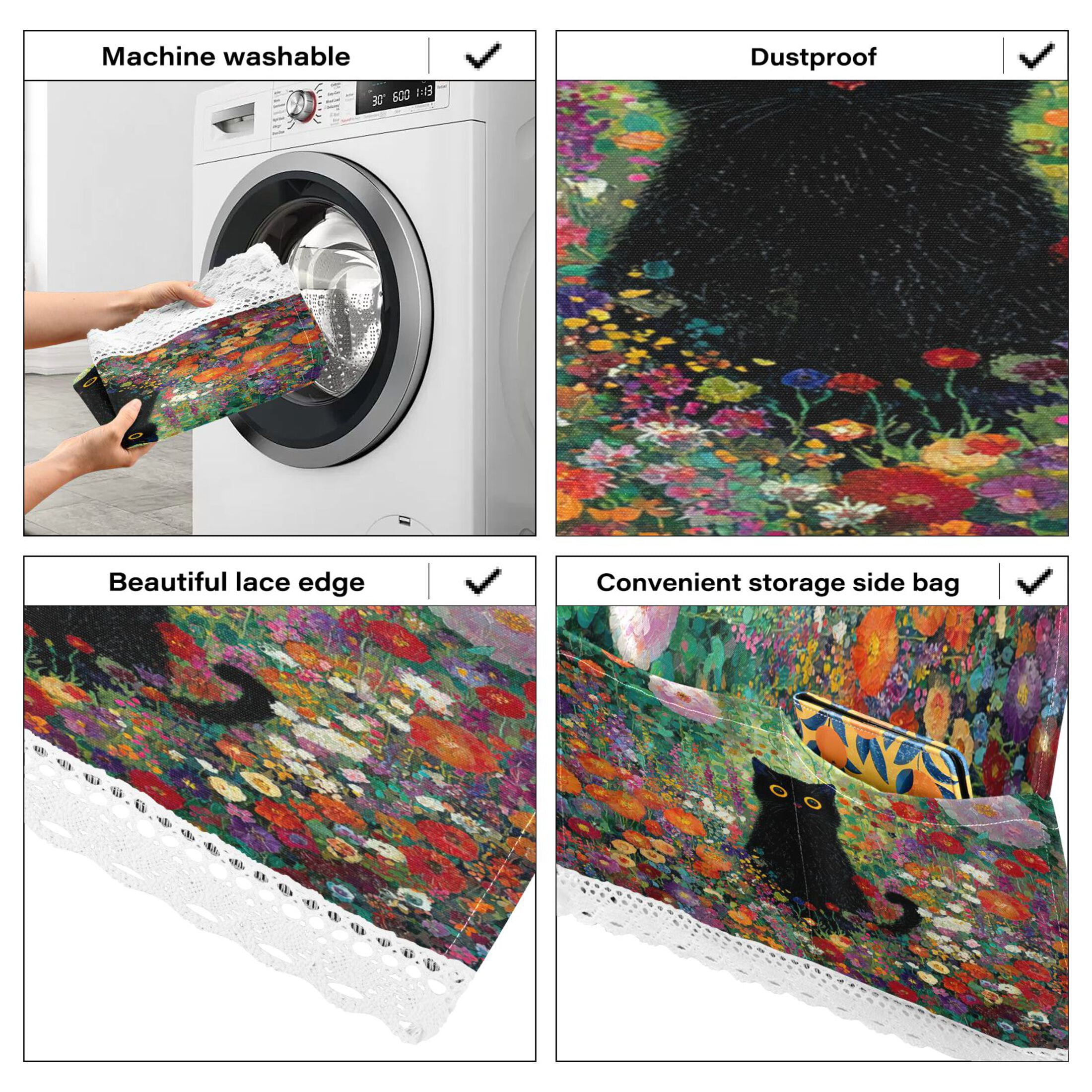 Wobogo Vibrant Floral Black Cat Washing Machine Cover Dustproof Washer Dryer Cover Waterproof Laundry Room Decorative Protector