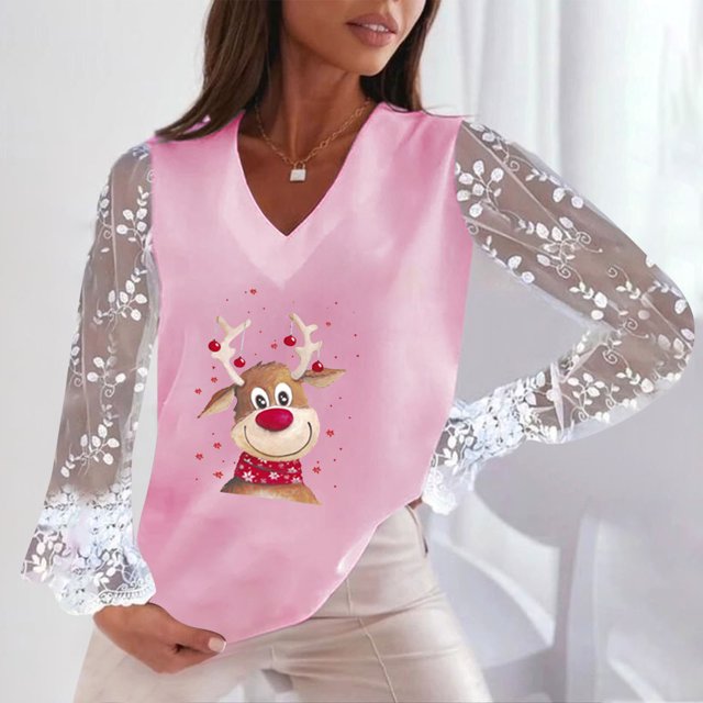 Pntutb Chaqueta de encaje con cuello en V de primavera para mujer Blusa de otoño e invierno con estampado navideño Pntutb Pntutb-2187