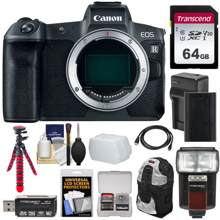 Canon EOS R Full Frame Mirrorless Digital Camera Body with 64GB Card + Battery + Charger + Backpack + Tripod + Flash +