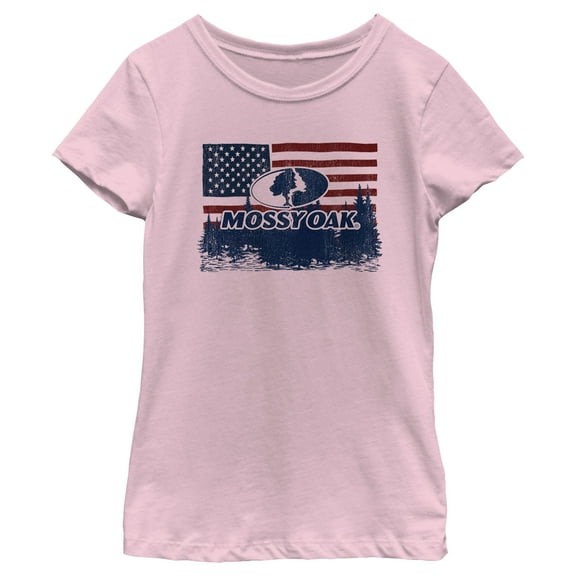 Girl's Mossy Oak American Flag Landscape Logo  Graphic Tee Light Pink Small