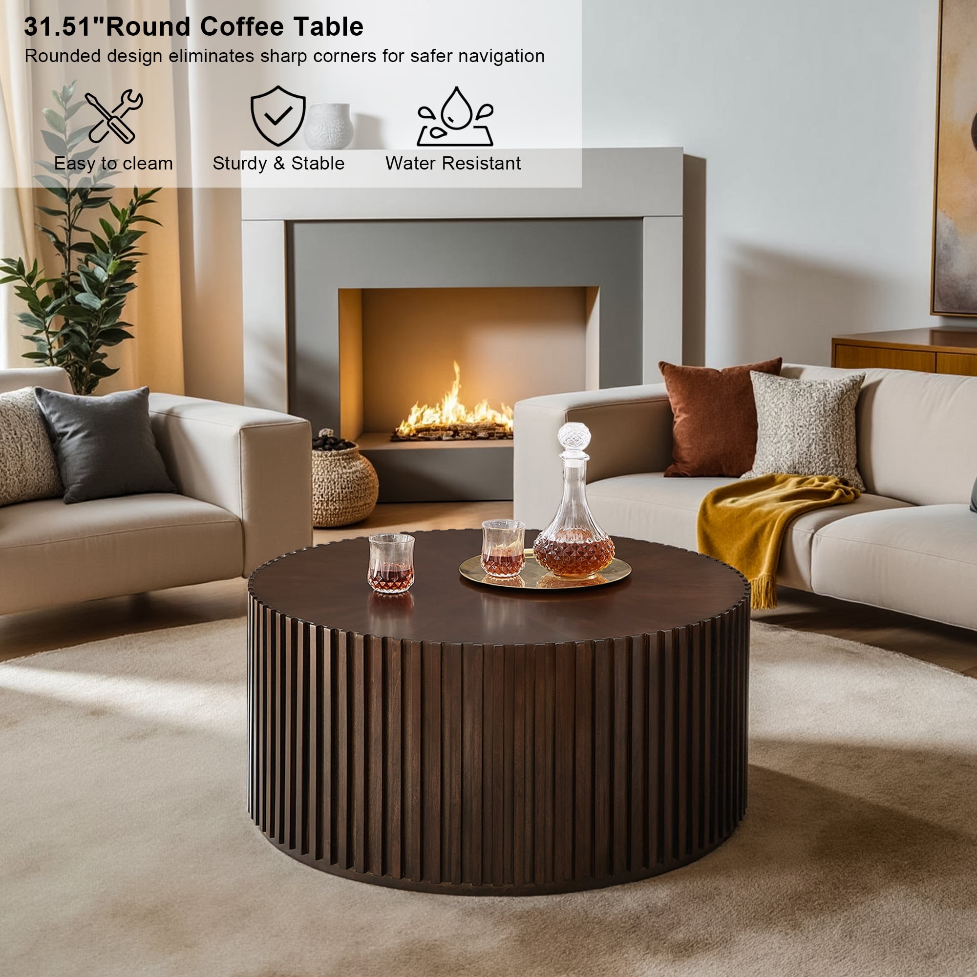 Gexpusm Round Coffee Table, Solid Wood Center Table for Living Room, Circle Drum Coffee Table with Handcrafted Relief, Chocolate