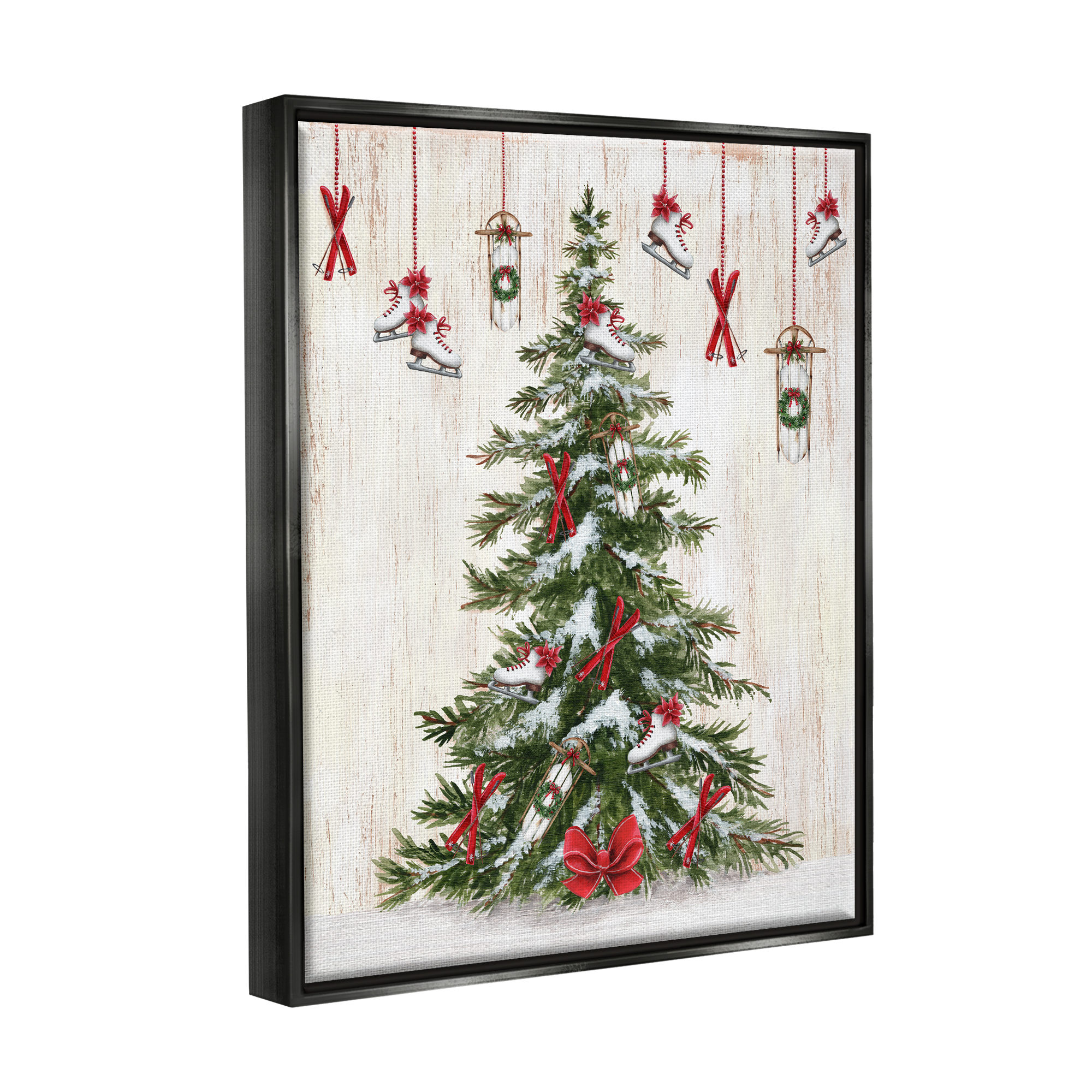 Stupell Industries Ice Skates & Sleds on Tree Holiday Painting Black Floater Framed Canvas Art Print Wall Art, 25 x 31