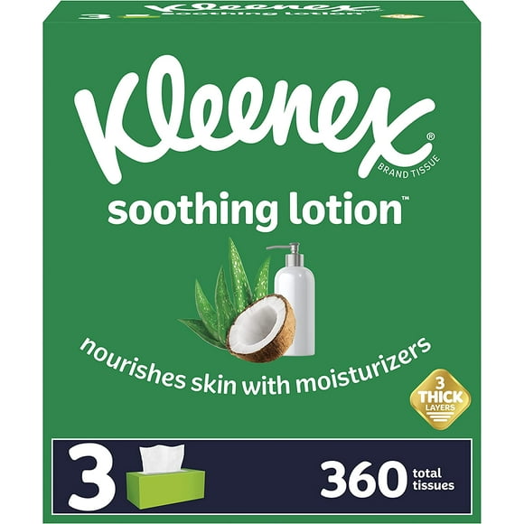 Kleenex Lotion Apaisante pour le Visage avec de l'Huile de Noix de Coco, de l'Aloès et de la Vitamine E, 3 Couches, 3 Boîtes Plates, 120 Tissus par Boîte (360 Tissus au Total), Blanc