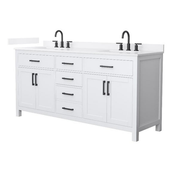 Beckett 72" White Double Vanity & White Quartz Top (3-Hole) & Black Trim