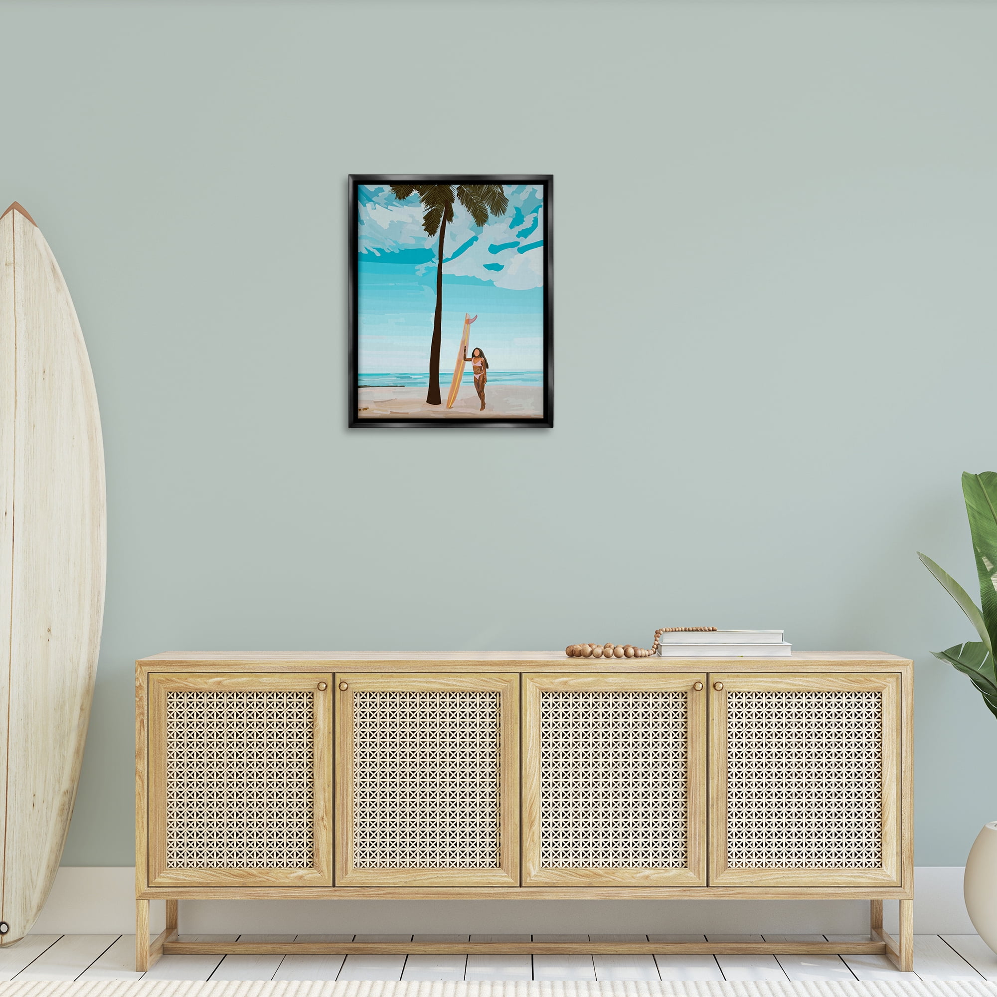 Stupell Industries Tropical Beach Day Girl Nautical & Beach Painting Black Floater Framed Canvas Art Print Wall Art, 25 x 31