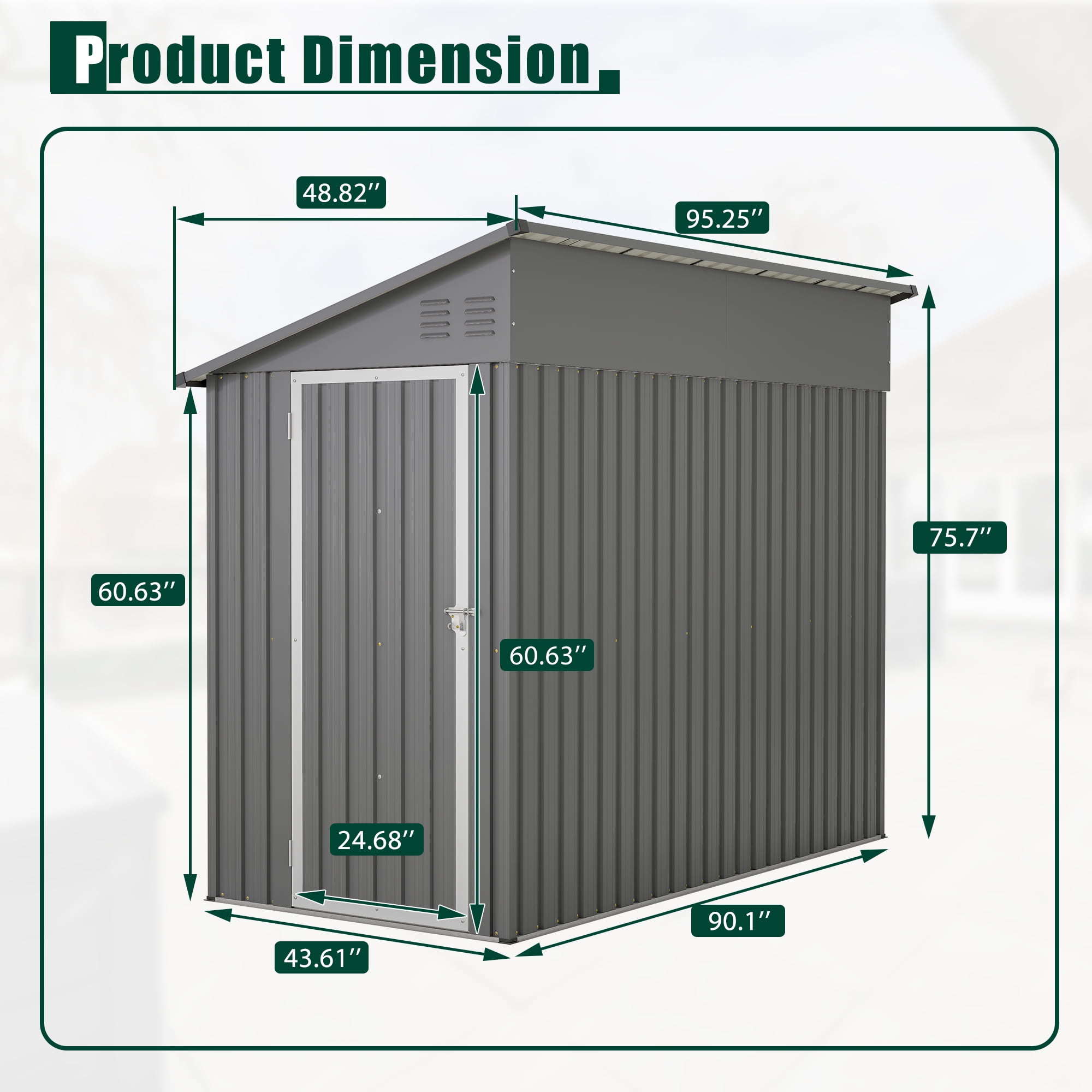 LZBEITEM 4 x 8 ft Outdoor Metal Storage Shed Lean to, Small Metal Wall Side Door Sheds & Garden Tool Shed with Galvanized Floor Frame Kit Lockable for Garden, Backyard, Gray, 95 x 48.82 x 75.7 inch