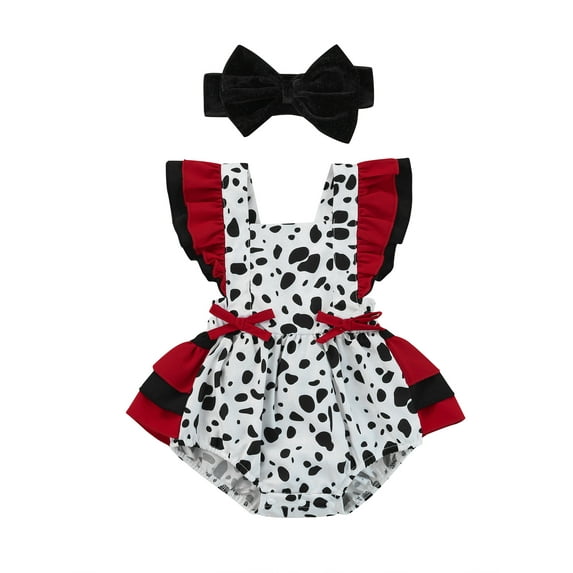 Baby Girls Summer Casual Jumpsuit Flying Sleeve Square Neck Cow Patterned Ruffle Romper with Headband