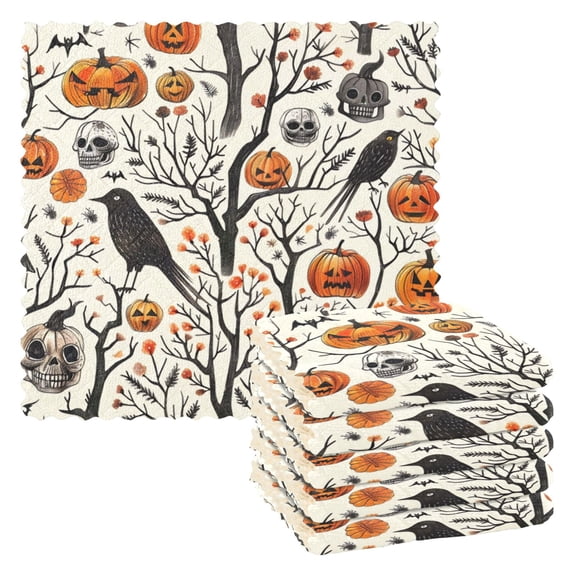 6 Pieces of Kitchen Towels 11x11Inch Kitchen Dish Cloths Kitchen Dish Towels Reuseable Cleaning Cloths Halloween Pumpkin