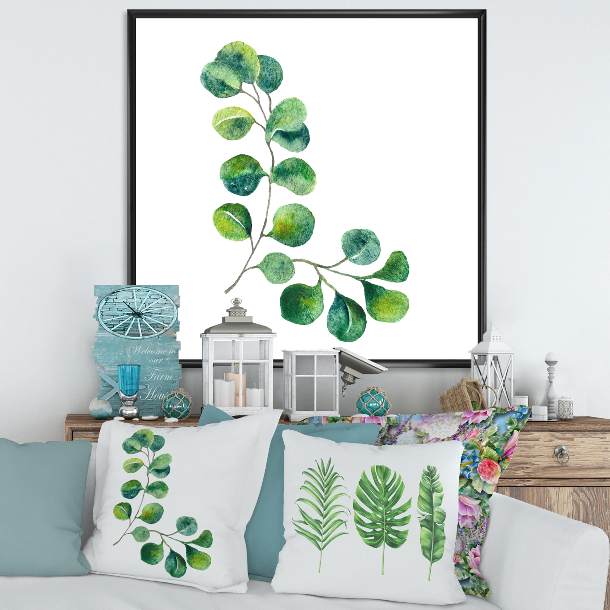Designart 'Green Eucalyptus Plant Branches II' Traditional Framed Canvas Wall Art Print
